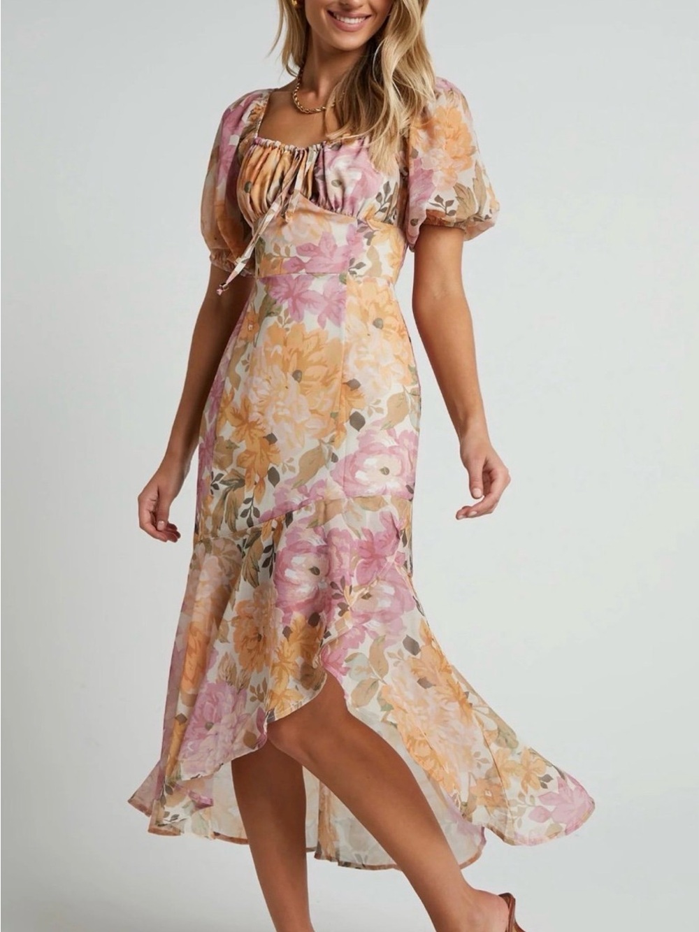 Showpo Floral Puff-Sleeve High-Low Midi Dress in Pink and Cream